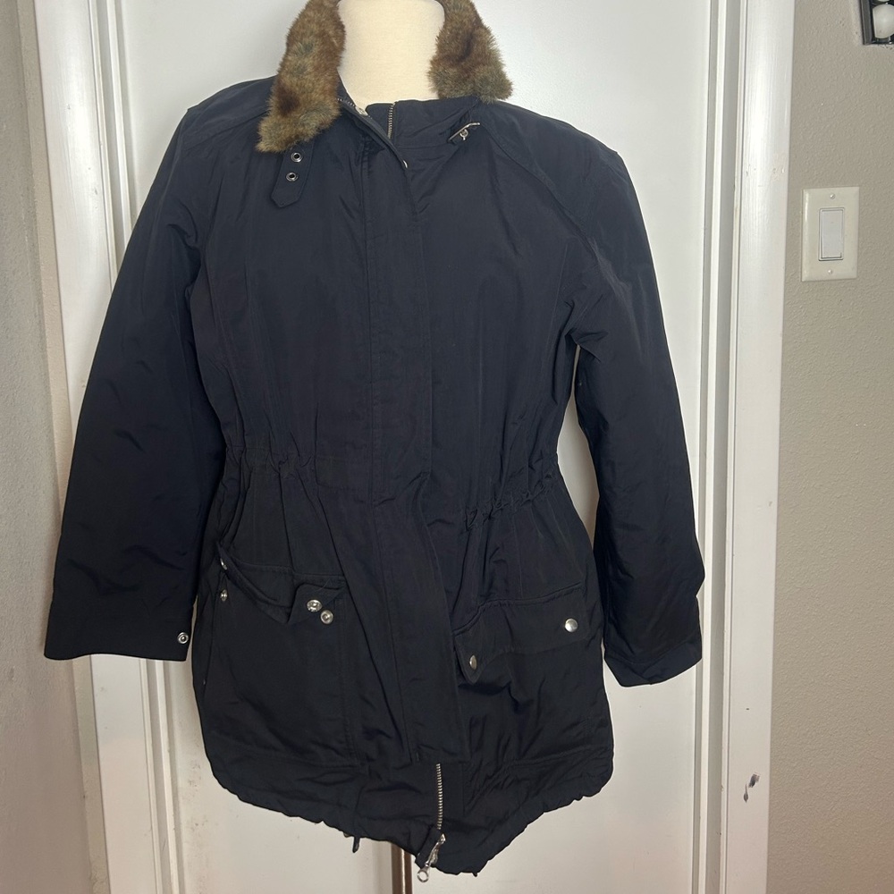 Lands' End Black Jacket with Faux Fur Collar